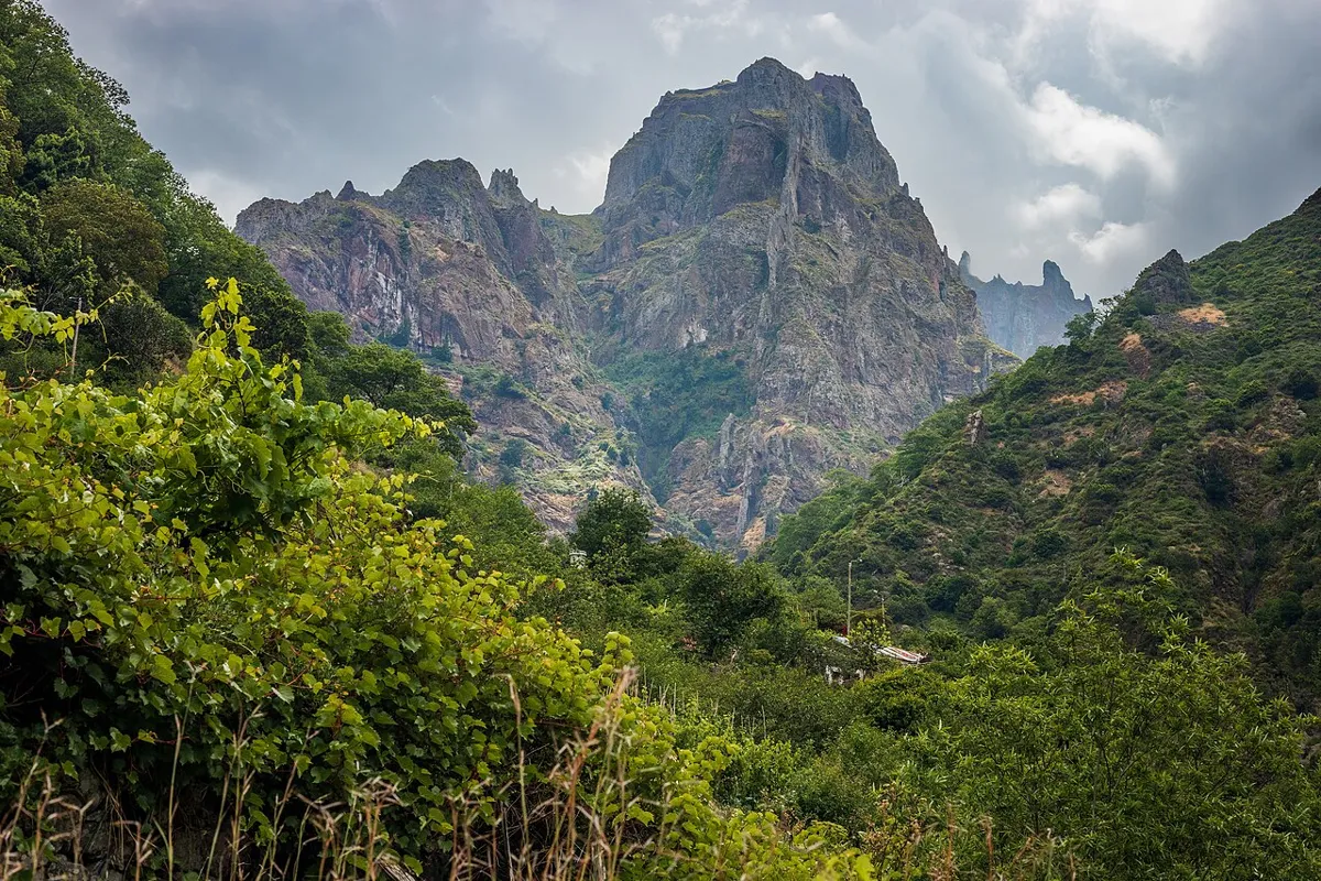 Jagged rocky mountain peaks above a densely vegetated valley beneath cloudy skies.