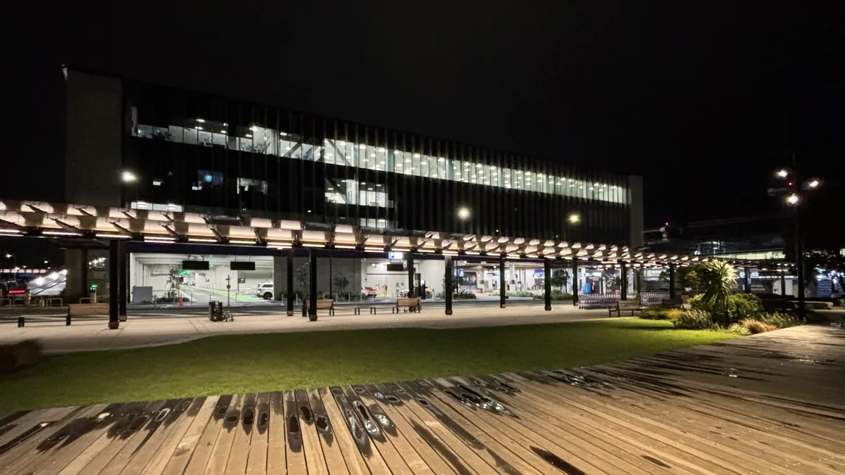 Auckland Airport transport hub photographed in April 2026
