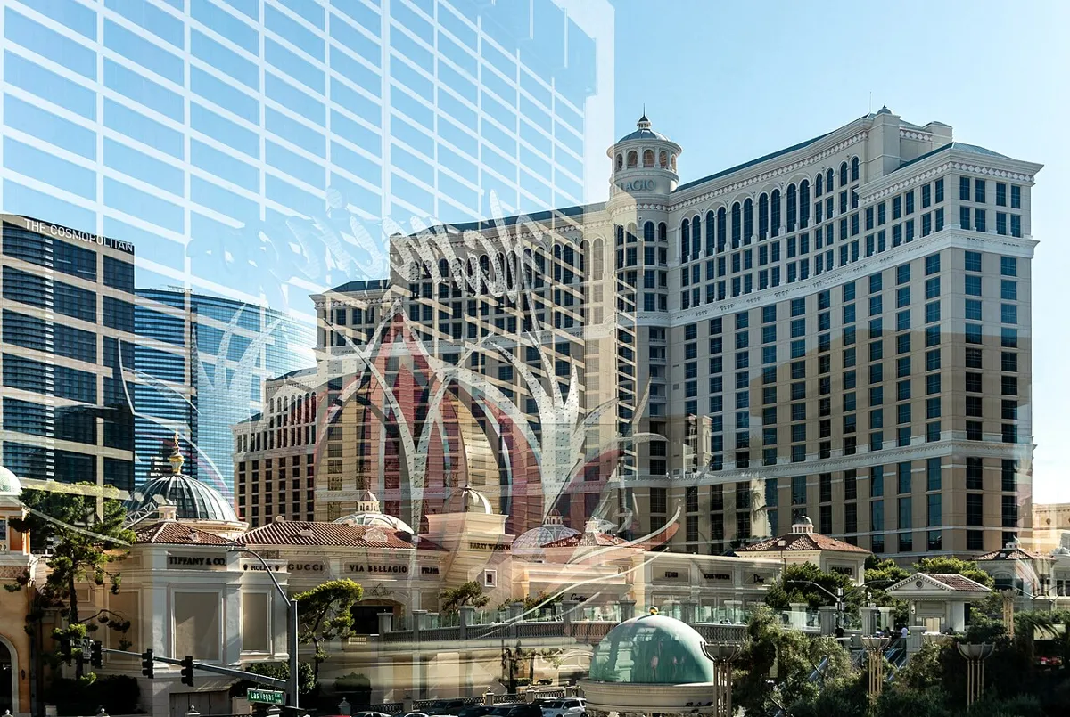 Bellagio hotel facade with reflections of a window grid and a stylised flamingo across the view.