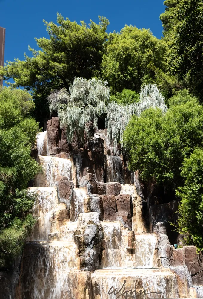 Water cascading over tiered rocks surrounded by dense green trees at Wynn Las Vegas.