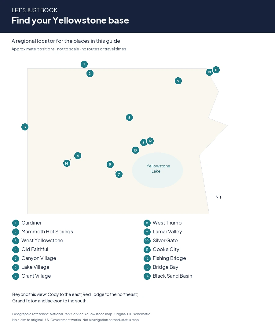 Find your Yellowstone base: Gardiner, Mammoth Hot Springs, West Yellowstone, Old Faithful, Canyon Village, Lake Village, Grant Village, West Thumb, Lamar Valley, Silver Gate, Cooke City, Fishing Bridge, Bridge Bay, Black Sand Basin